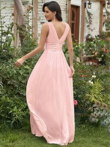 EVERPRETTY Elegant Chiffon V-Neck Sleeveless Ruched Long Formal Pink Bridesmaid Dress, Wedding Guest Dress, Graduation Ceremony, Autumn/Winter - Baby Pink - View 3