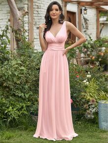 EVERPRETTY Elegant Chiffon V-Neck Sleeveless Ruched Long Formal Pink Bridesmaid Dress, Wedding Guest Dress, Graduation Ceremony, Autumn/Winter - Baby Pink - View 5