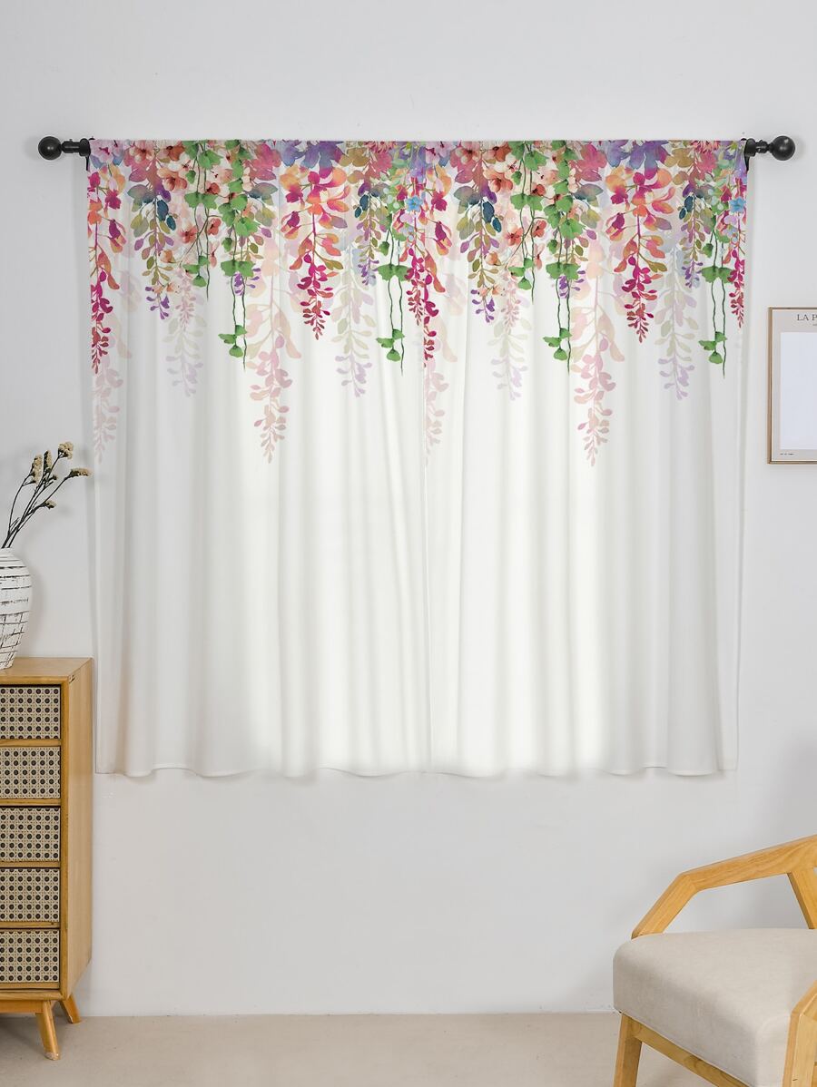 1pc Flower Pattern Curtain, Modern Polyester Single Panel Curtain For Home - Multicolor - View 1