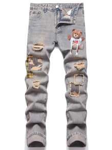 Men Cartoon Bear Patched Ripped Frayed Jeans - Medium Wash - View 1