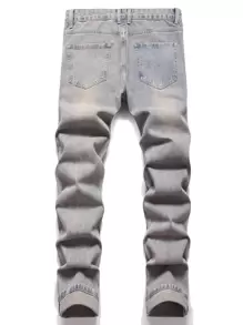 Men Cartoon Bear Patched Ripped Frayed Jeans - Medium Wash - View 2