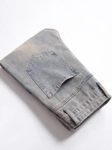 Men Cartoon Bear Patched Ripped Frayed Jeans - Medium Wash - View 4