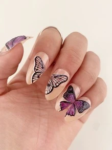 用24入組長杏仁蝴蝶圖案假指甲和1入組指甲銼和1張女式和女孩用膠帶升級您造型 - 彩色 - 查看 1