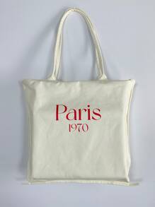 字母圖案帆布購物袋 - 米色 - 查看 1