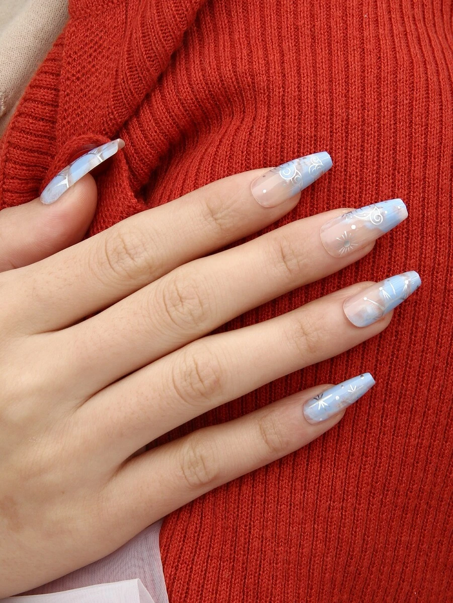 JOYME 24pcs Long Coffin Sun Pattern Fake Nail & 1pc Nail File & 1sheet Tape - Multicolor - View 1