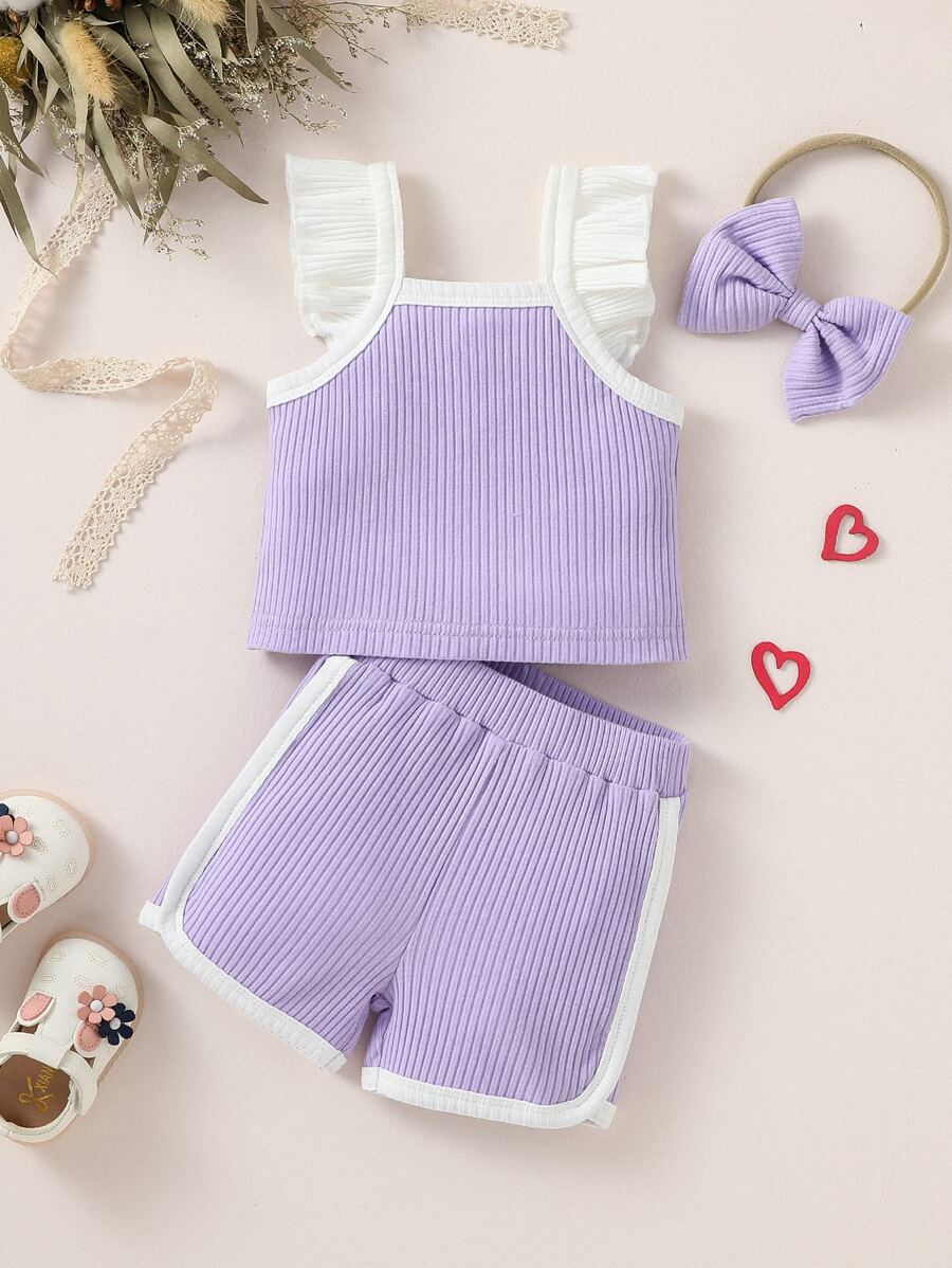 SHEIN Recién nacido Bebé ribete con fruncido Top & unido en contraste Shorts - Morado - Ver 1