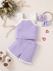 SHEIN Recién nacido Bebé ribete con fruncido Top & unido en contraste Shorts - Morado - Ver 2