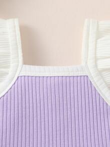 SHEIN Recién nacido Bebé ribete con fruncido Top & unido en contraste Shorts - Morado - Ver 3