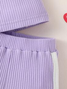 SHEIN Recién nacido Bebé ribete con fruncido Top & unido en contraste Shorts - Morado - Ver 5