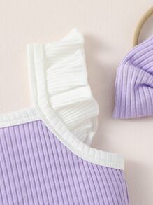 SHEIN Recién nacido Bebé ribete con fruncido Top & unido en contraste Shorts - Morado - Ver 6