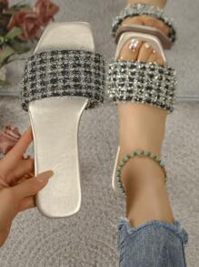 Sandalias deslizantes con estampado de cuadros para mujeres, sandalias planas de moda para el verano, atuendos de playa - Multicolor - Ver 4
