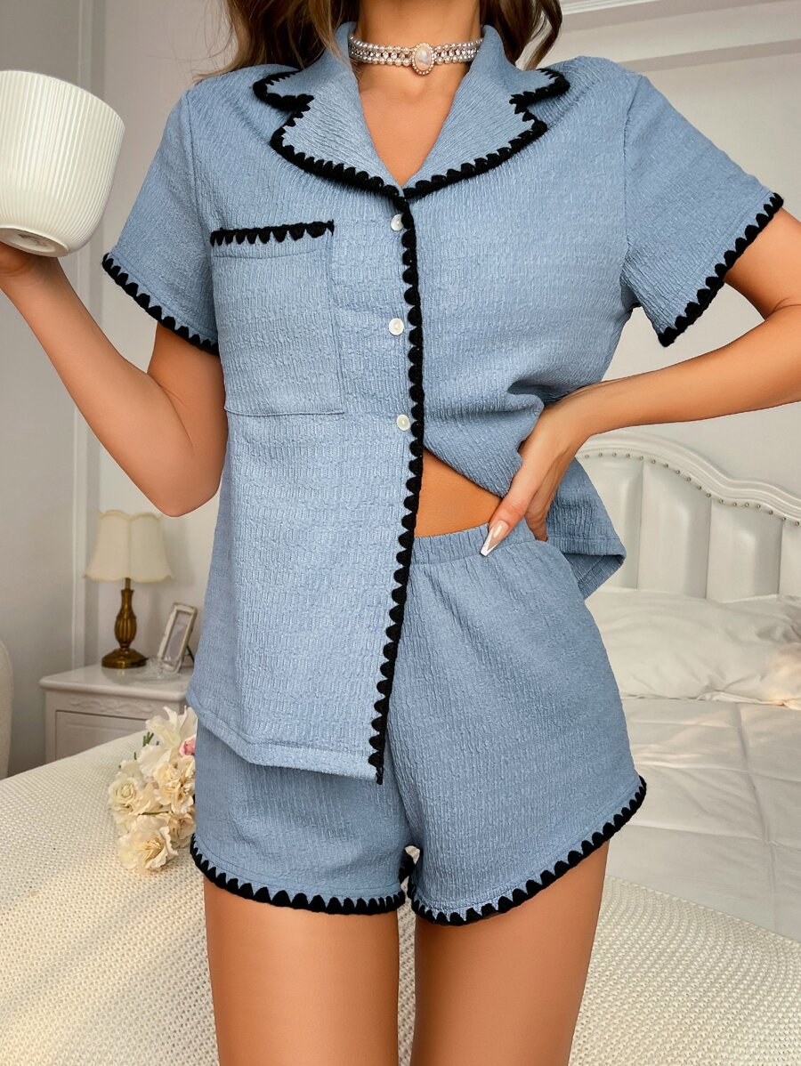 Contrast Binding Lounge Set - Dusty Blue - View 1