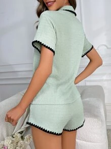 Contrast Binding Pocket Patched Shirt & Shorts Lounge Set - Mint Green - View 2
