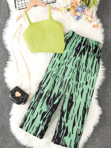 Girls Cami Top & Allover Print Wide Leg Trousers - Green - View 1