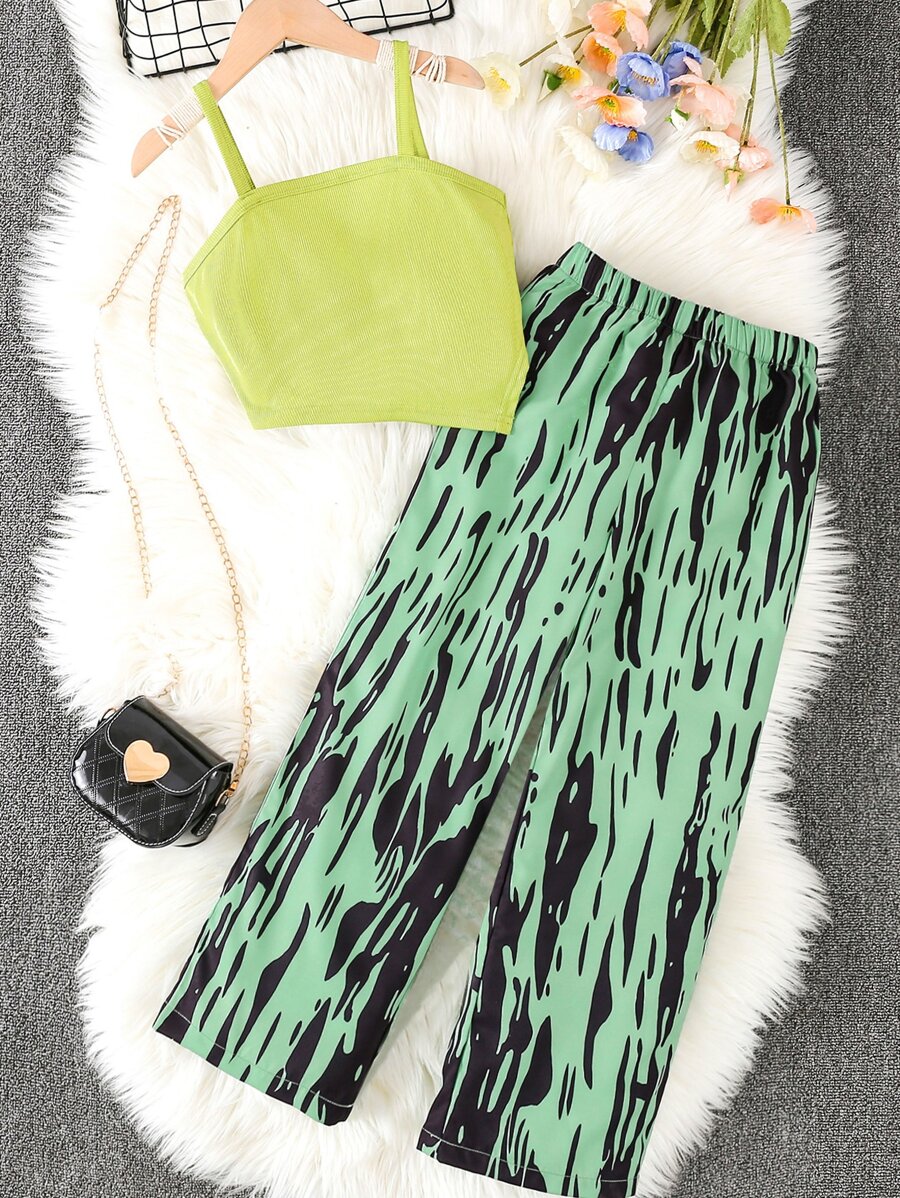 Girls Cami Top & Allover Print Wide Leg Trousers - Green - View 1