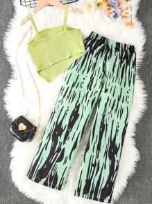Girls Cami Top & Allover Print Wide Leg Trousers - Green - View 2