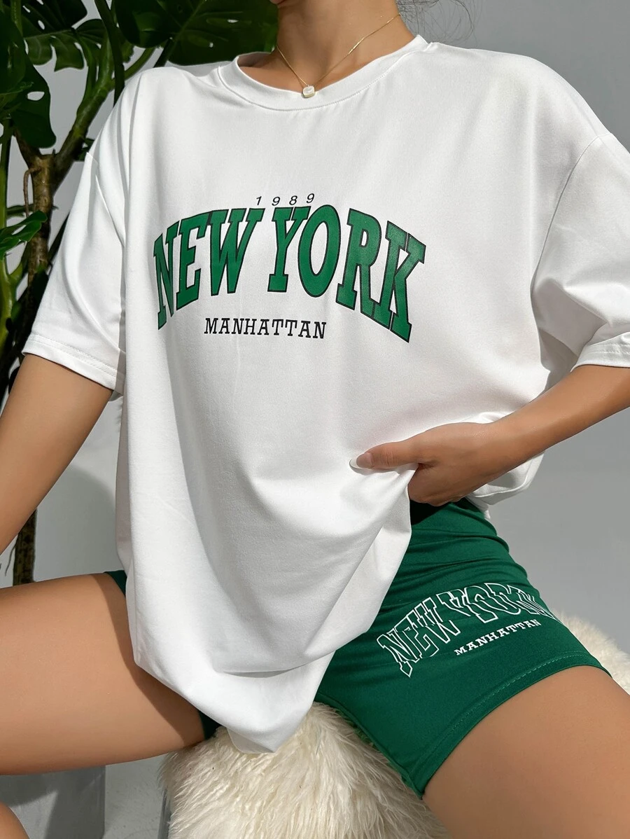 Conjunto de lounge deportivo con gráficos de letras y hombros caídos - Multicolor - Ver 1