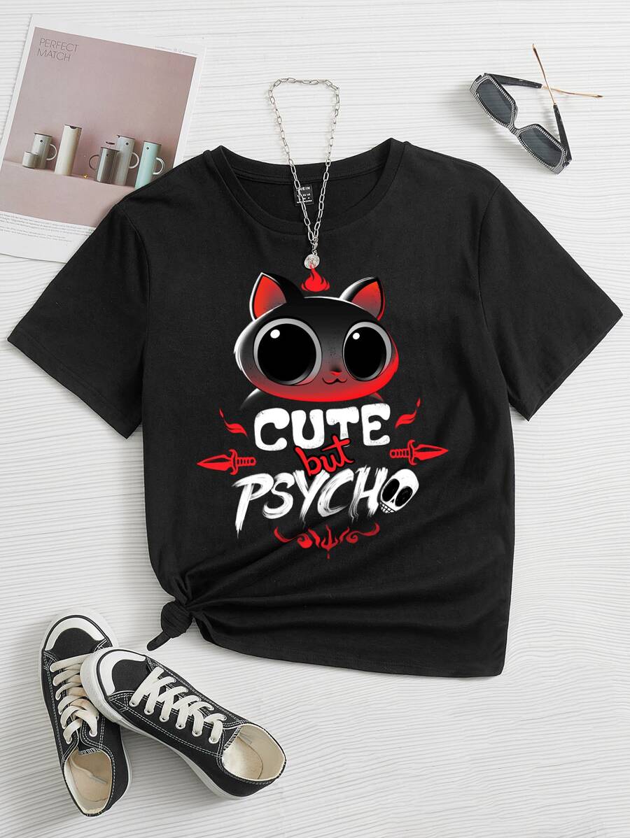 Tobefonseca Cartoon & Slogan Graphic Tee CUTE But PSYCHO,Women Clothes,For Summer, 100% Cotton - Black - View 1