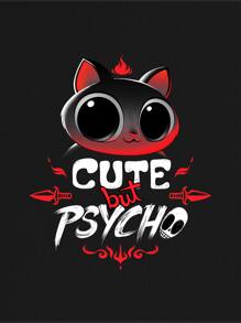 Tobefonseca Cartoon & Slogan Graphic Tee CUTE But PSYCHO,Women Clothes,For Summer, 100% Cotton - Black - View 2