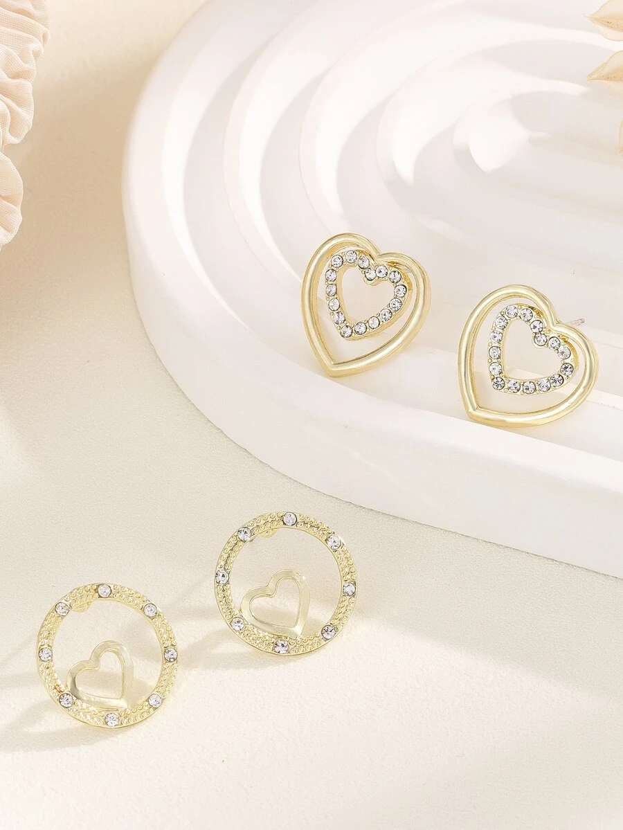 2pairs/Set Gold Tone Women'S Heart-Shaped Rhinestone-Studded Earring Set - Yellow Gold - View 1