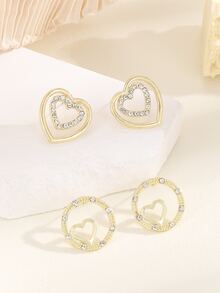 2pairs/Set Gold Tone Women'S Heart-Shaped Rhinestone-Studded Earring Set - Yellow Gold - View 2