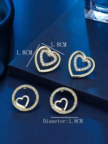 2pairs/Set Gold Tone Women'S Heart-Shaped Rhinestone-Studded Earring Set - Yellow Gold - View 3