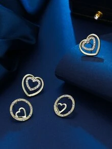 2pairs/Set Gold Tone Women'S Heart-Shaped Rhinestone-Studded Earring Set - Yellow Gold - View 4