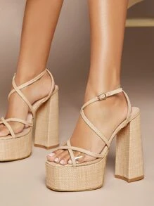 女士極簡粗跟踝帶優雅夏天高跟涼鞋 - 米色 - 查看 1
