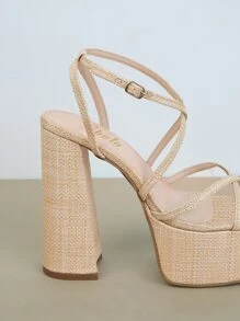 女士極簡粗跟踝帶優雅夏天高跟涼鞋 - 米色 - 查看 2