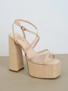 女士極簡粗跟踝帶優雅夏天高跟涼鞋 - 米色 - 查看 4