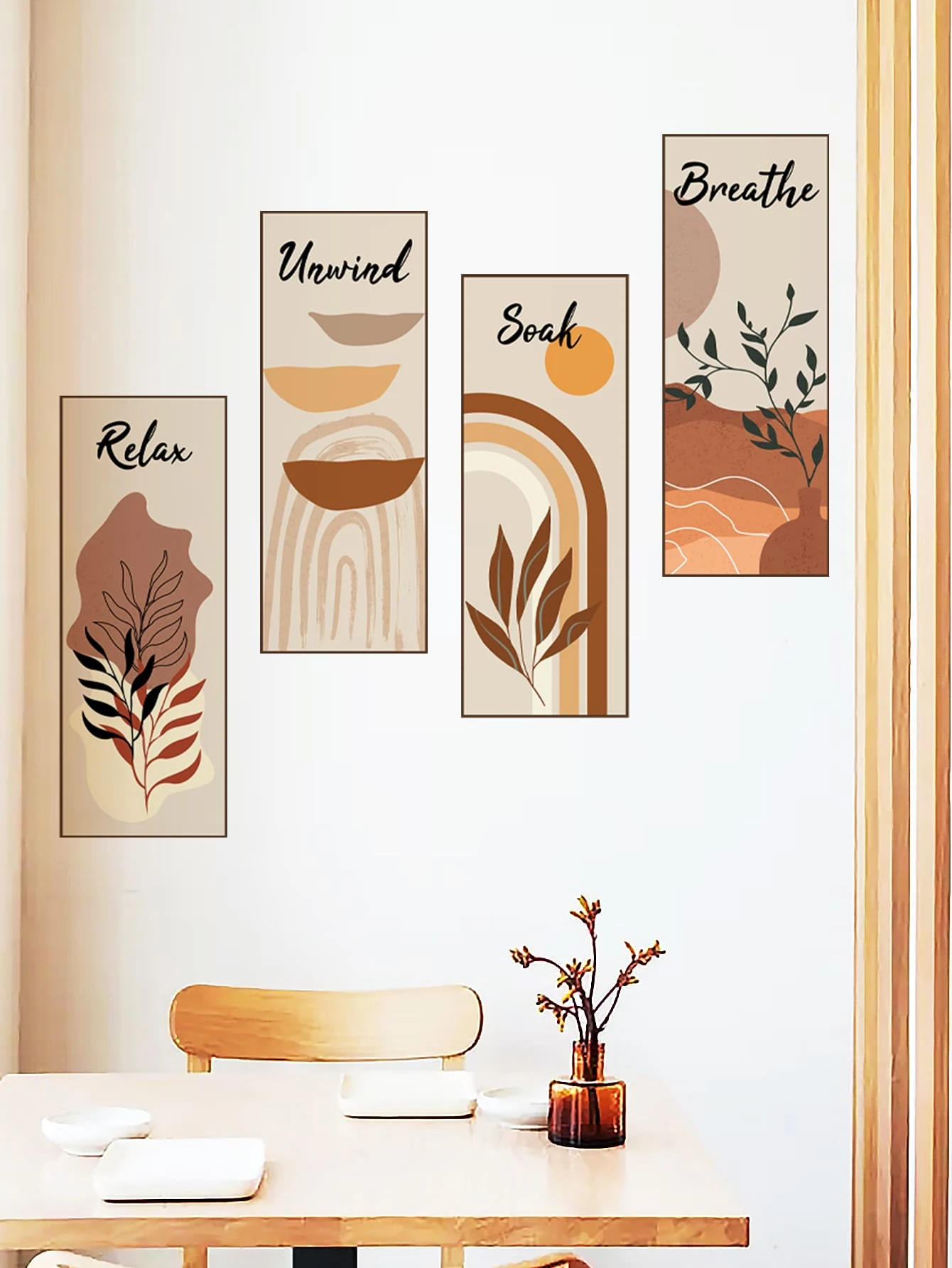 4 件/套叶子和字母图形墙贴，现代 PVC 抽象线条印花墙贴，适用于家居装饰、海报、贴纸、墙壁艺术、春季装饰品，让您的家焕然一新，拉玛装饰贴纸礼物生日毕业厨房装饰