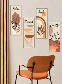 4 件/套叶子和字母图形墙贴，现代 PVC 抽象线条印花墙贴，适用于家居装饰、海报、贴纸、墙壁艺术、春季装饰品，让您的家焕然一新，拉玛装饰贴纸礼物生日毕业厨房装饰