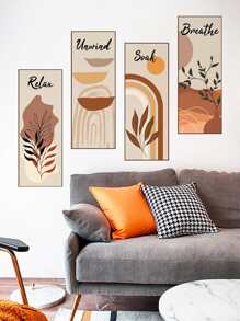 4 件/套叶子和字母图形墙贴，现代 PVC 抽象线条印花墙贴，适用于家居装饰、海报、贴纸、墙壁艺术、春季装饰品，让您的家焕然一新，拉玛装饰贴纸礼物生日毕业厨房装饰