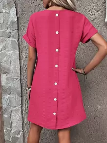 SHEIN Clasi Đầm Nút màu trơn Giải trí - Màu Hồng Tươi - Xem 1