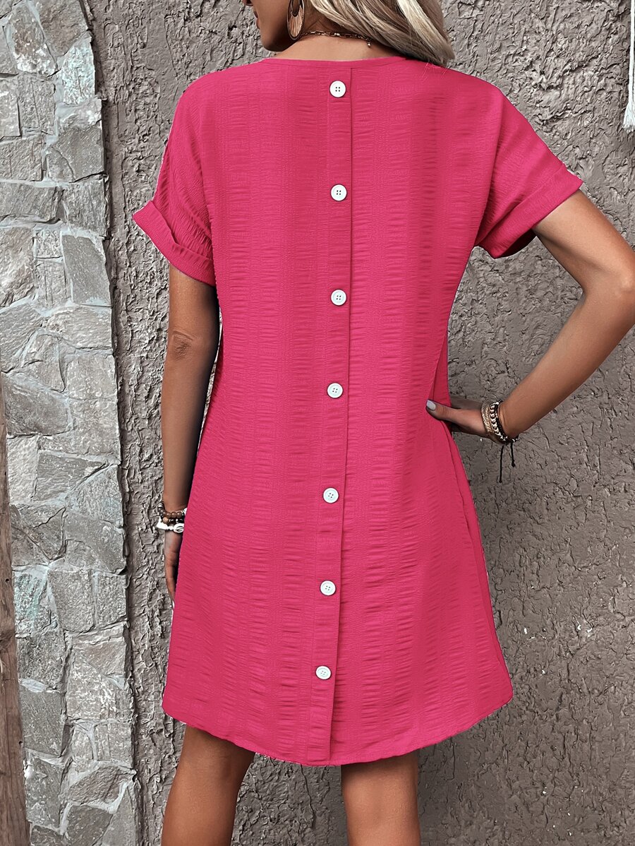 SHEIN Clasi Đầm Nút màu trơn Giải trí - Màu Hồng Tươi - Xem 1