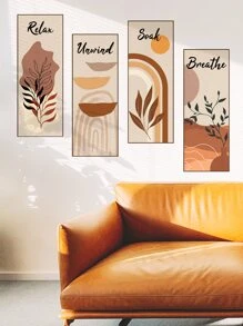 4 件/套叶子和字母图形墙贴，现代 PVC 抽象线条印花墙贴，适用于家居装饰、海报、贴纸、墙壁艺术、春季装饰品，让您的家焕然一新，拉玛装饰贴纸礼物生日毕业厨房装饰