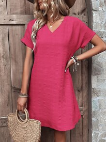 SHEIN Clasi Đầm Nút màu trơn Giải trí - Màu Hồng Tươi - Xem 2