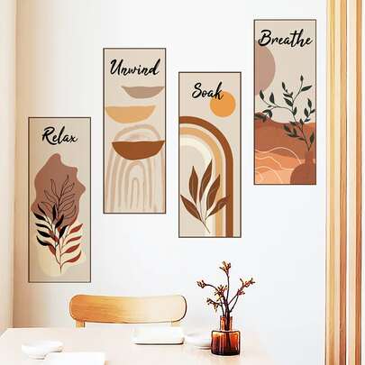 4 件/套叶子和字母图形墙贴，现代 PVC 抽象线条印花墙贴，适用于家居装饰、海报、贴纸、墙壁艺术、春季装饰品，让您的家焕然一新，拉玛装饰贴纸礼物生日毕业厨房装饰