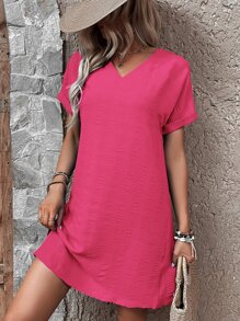 SHEIN Clasi Đầm Nút màu trơn Giải trí - Màu Hồng Tươi - Xem 6