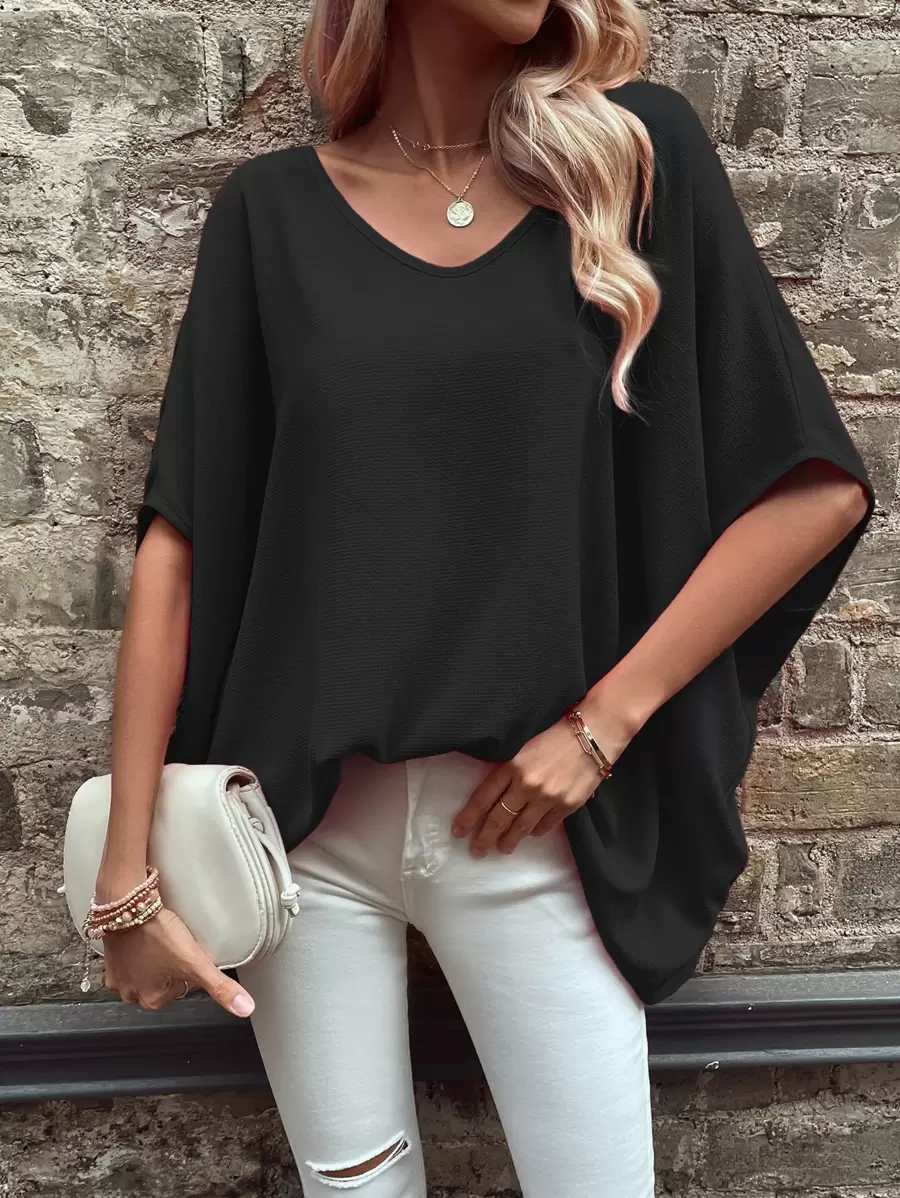 SHEIN LUNE Solid Batwing Sleeve Blouse - Black - View 1