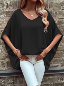 SHEIN LUNE Solid Batwing Sleeve Blouse - Black - View 3