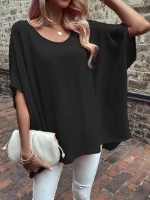 SHEIN LUNE Solid Batwing Sleeve Blouse - Black - View 4