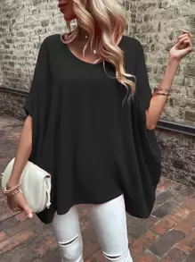 SHEIN LUNE Solid Batwing Sleeve Blouse - Black - View 5