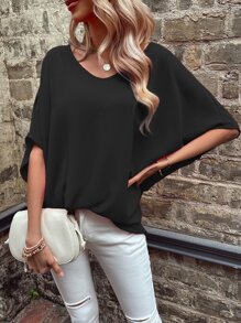SHEIN LUNE Solid Batwing Sleeve Blouse - Black - View 6