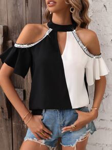 SHEIN LUNE Áo sơ mi nữ Nút ghép mộng kim sa Cắt ra Khối Màu Giải trí - Đen và trắng - Xem 1