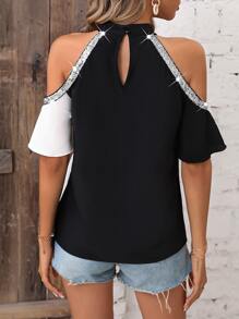 SHEIN LUNE Áo sơ mi nữ Nút ghép mộng kim sa Cắt ra Khối Màu Giải trí - Đen và trắng - Xem 2