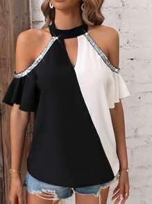 SHEIN LUNE Áo sơ mi nữ Nút ghép mộng kim sa Cắt ra Khối Màu Giải trí - Đen và trắng - Xem 4