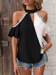 SHEIN LUNE Áo sơ mi nữ Nút ghép mộng kim sa Cắt ra Khối Màu Giải trí - Đen và trắng - Xem 6