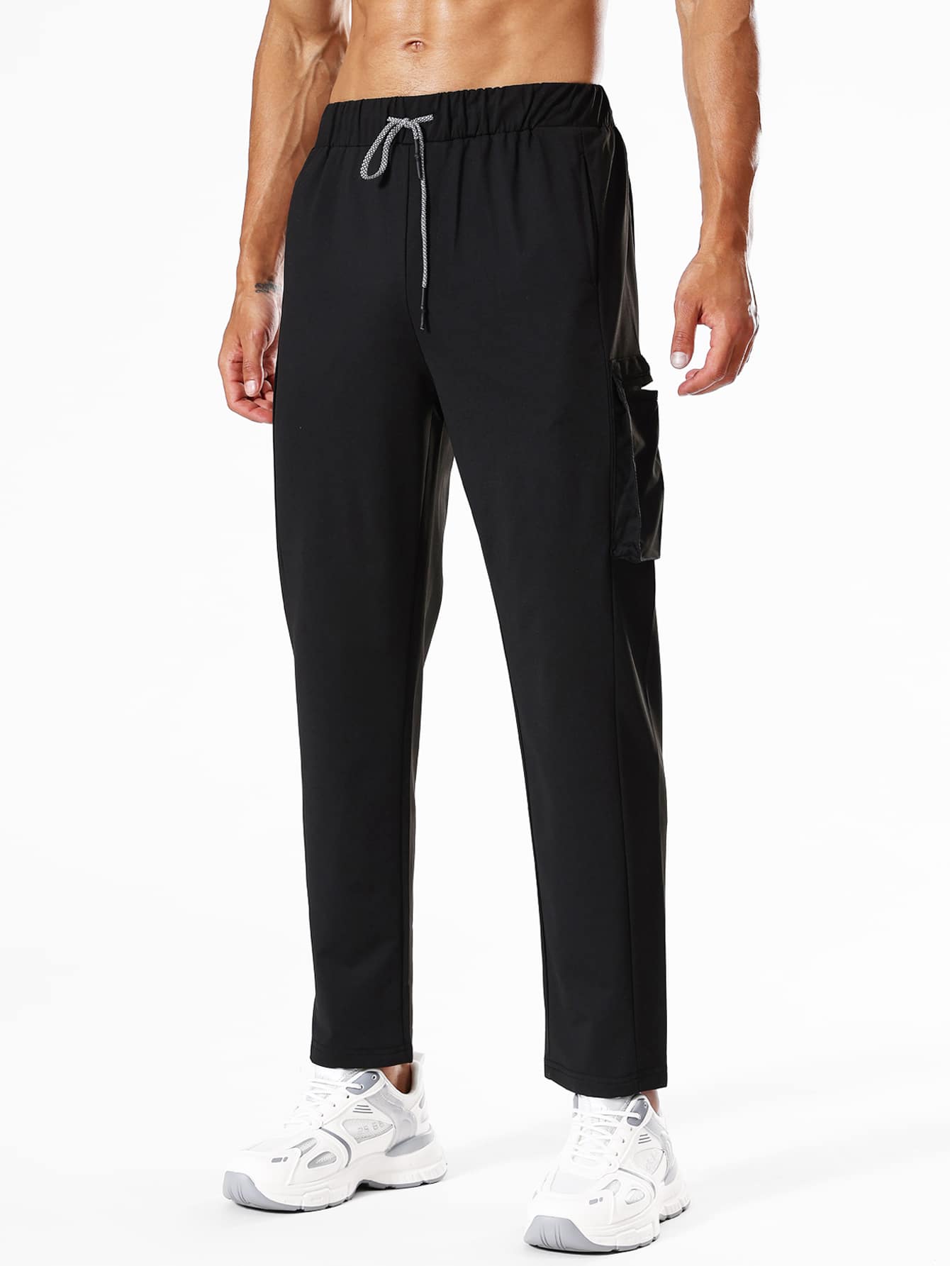 Men Drawstring Waist Slant Pocket Sport Trousers - Black - View 1