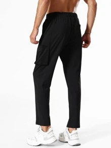 Men Drawstring Waist Slant Pocket Sport Trousers - Black - View 2